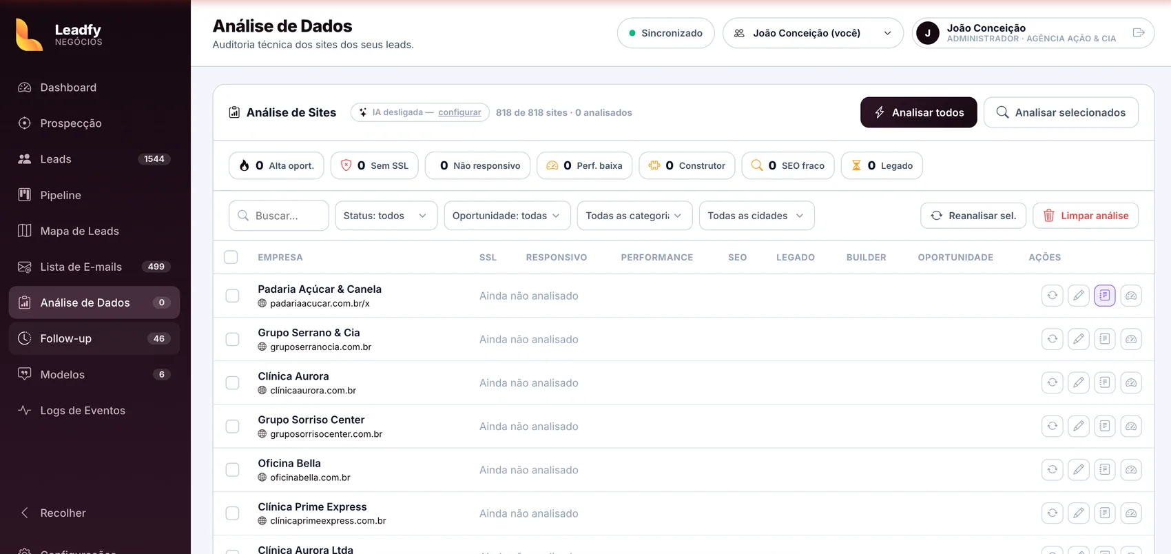 Tela de análise de dados do Leadfy com a auditoria técnica por empresa.