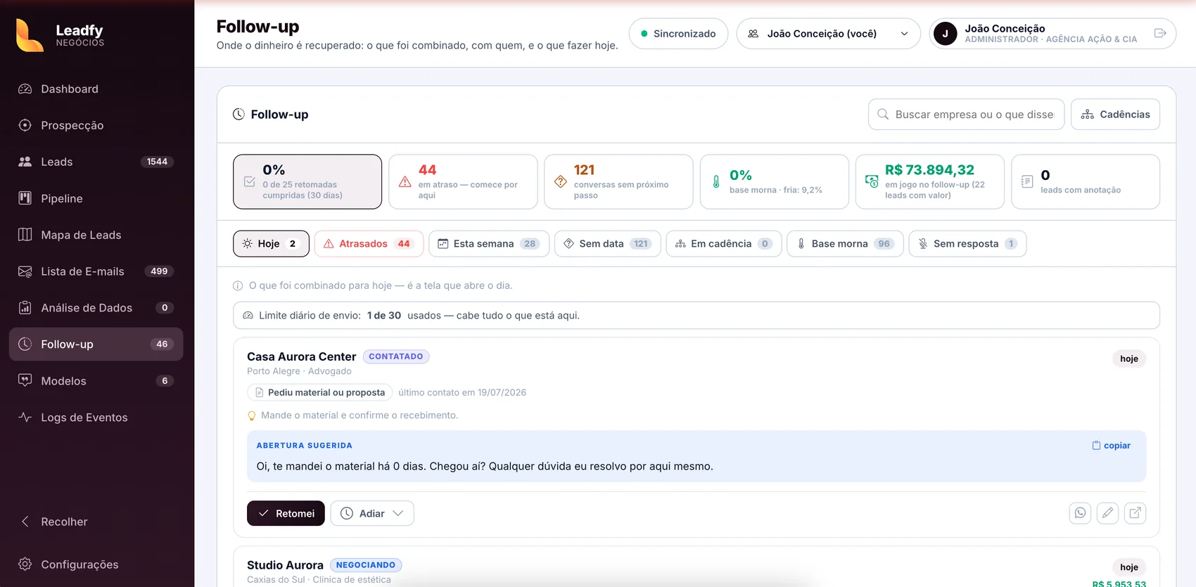 Módulo de follow-up do Leadfy com as visões de trabalho.