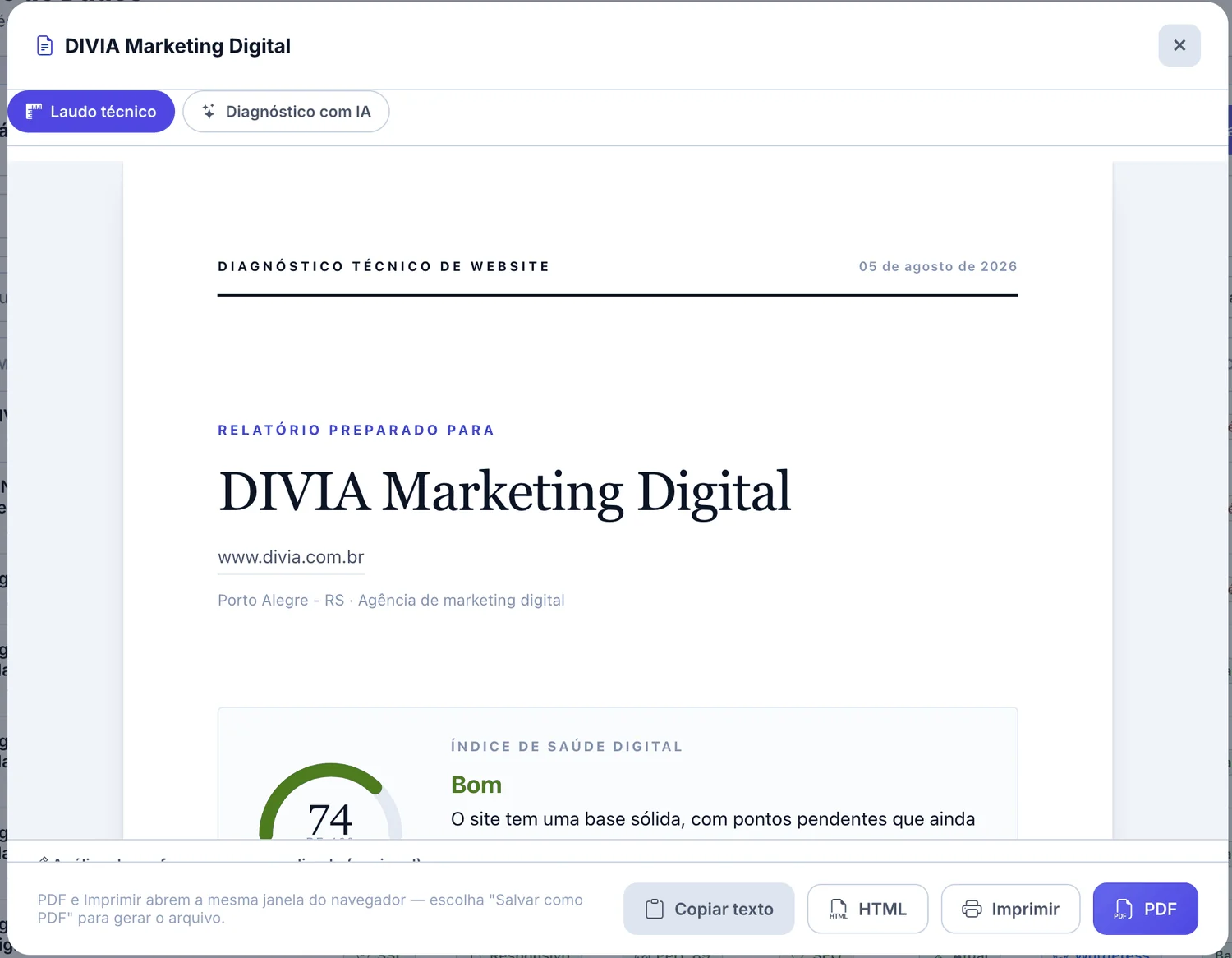 Laudo técnico do Leadfy: relatório em folha A4 com o índice de saúde digital do site do lead.