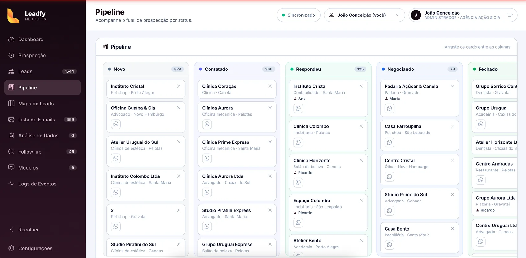 Funil de vendas do Leadfy com os cards arrastáveis entre Novo, Contatado, Respondeu, Negociando e Fechado.